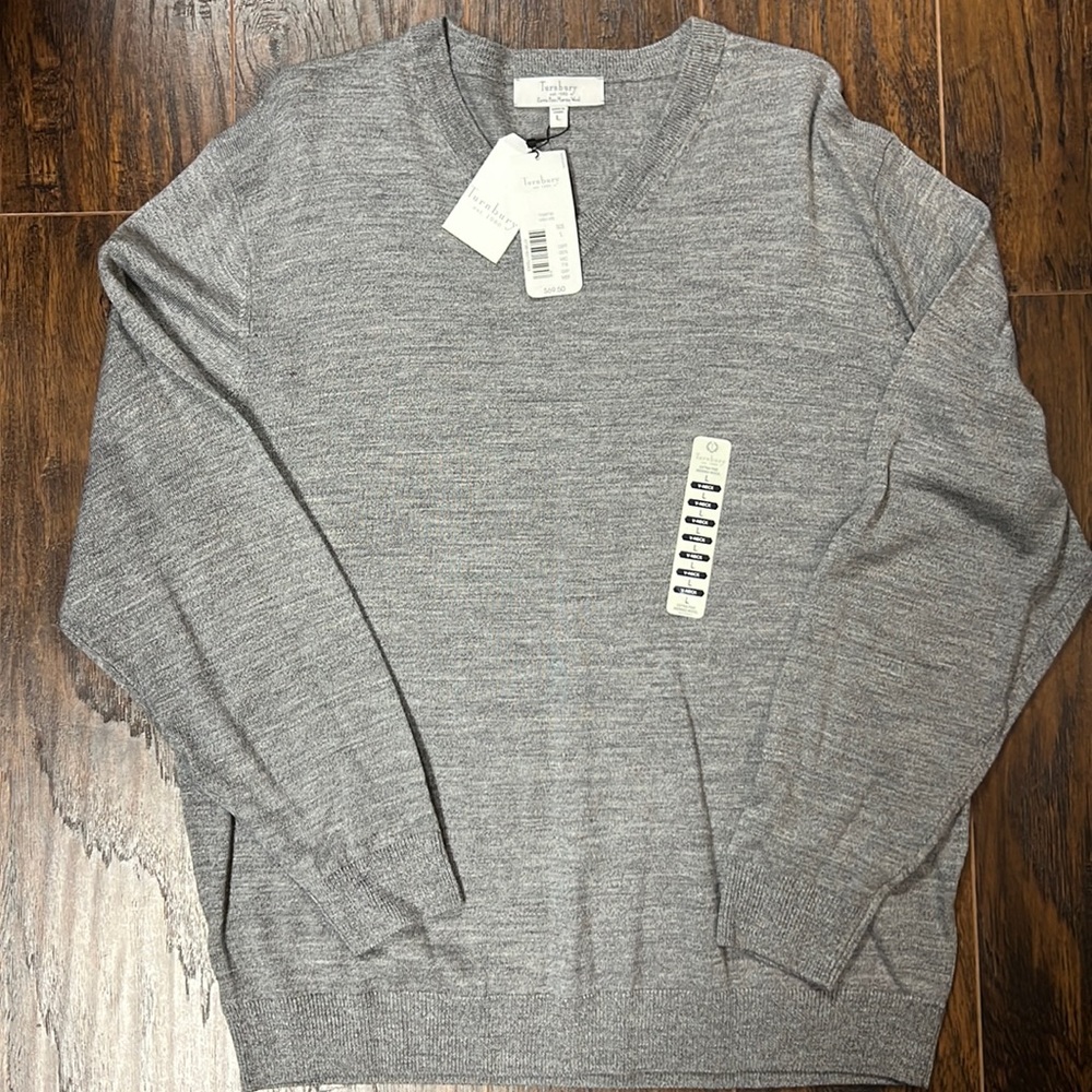 Turnbury est. 1980, 100% Extra Fine Merino Wool, Large, Gray, V Neck, LongSleeve
